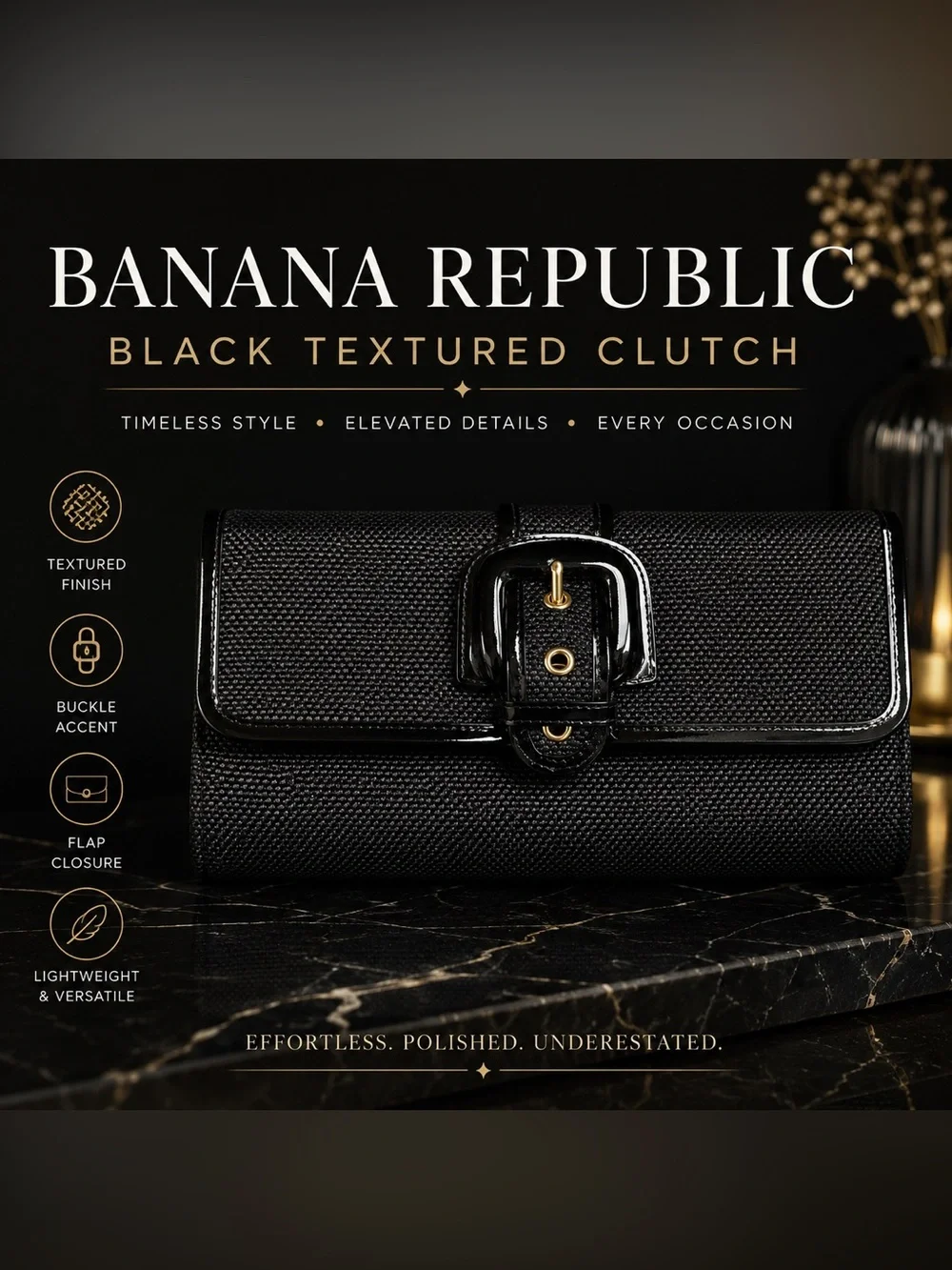 Banana Republic Black Textured Buckle Clutch Evening Bag